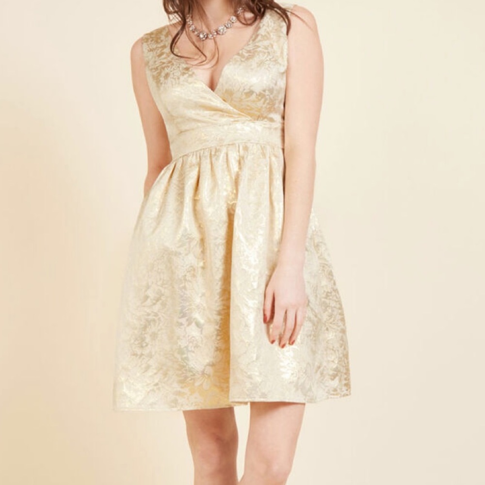 Cream Gold A-Line Mini Dress for Wedding Guest